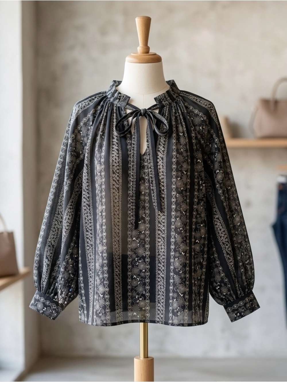 a.n.a Green and White V-Neck Long Sleeve Blouse with Tie